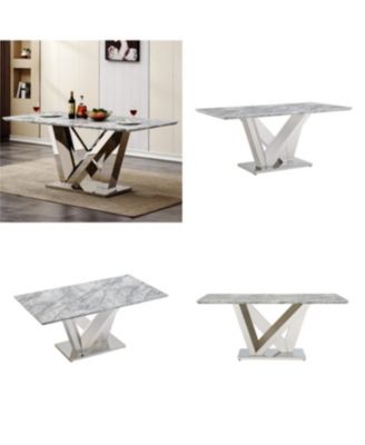  Marble Dining Table for 6, 70" Faux Marble & Stainless Steel Base Kitchen Table