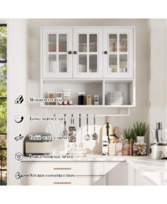 Bathroom Wall Cabinet, 3-Door Wooden Cabinet with Open/Hidden Storage, White