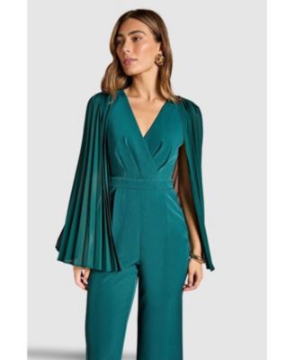 Women's V Neck Pleated Long Sleeve Jumpsuit