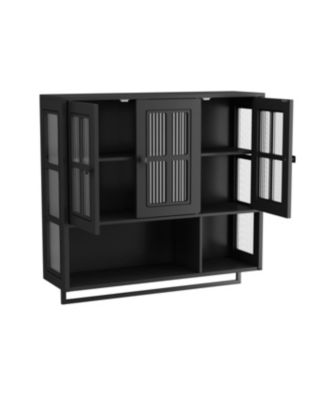  Bathroom Wall Cabinet, 3-Door Wooden Cabinet with Open/Hidden Storage, Black