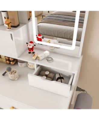 Streamdale 3-Color LED Vanity Mirror with Stool & Pink Dressing Table, 2 Drawers, 5 Cabinets