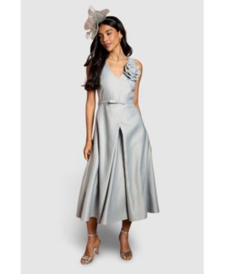 Women's Structured Satin 3D Corsage Midi Dress