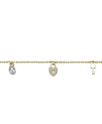 14K Gold Plated with Clear Cubic Zirconia & Mother of Pearl Multiple Charm Bracelet