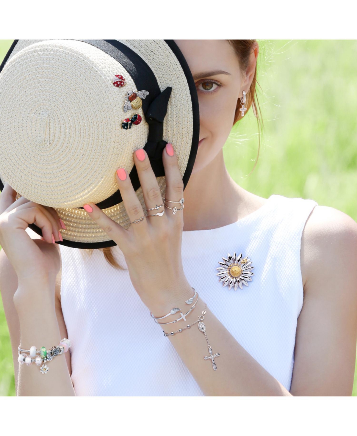 Bling Jewelry Set of 2 Lucky 2 Ladybug Red Black Gold Enamel Green Eye Crystal Lapel Push Pin