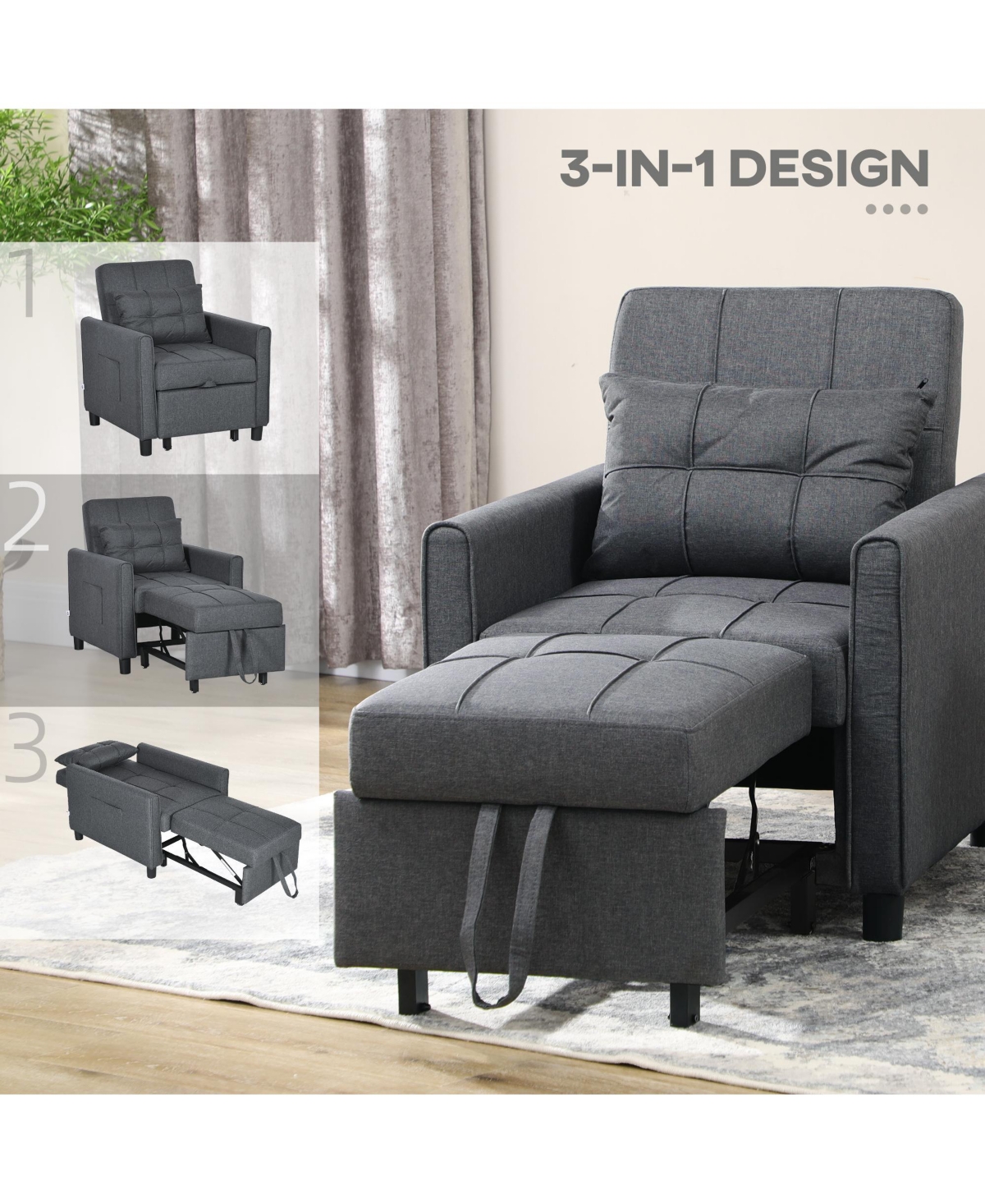 Homcom 3-in-1 Convertible Chair Bed with Adjustable Backrest,