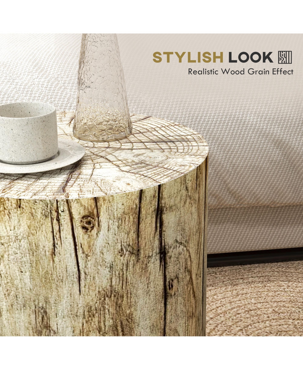 Homcom Tree Stump Stool, Concrete Side Table with Wood Grain Finish