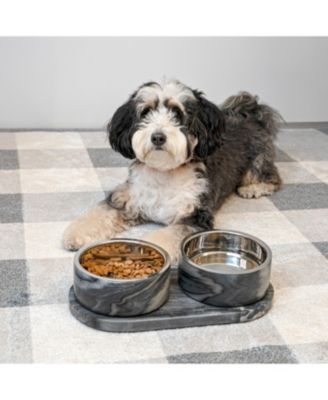 Marbre Small/Medium Modern Weighted Double Marble and Stainless Steel Bowl 12oz (1.5 Cups) Feeder with Non-Slip Marble Tray Set