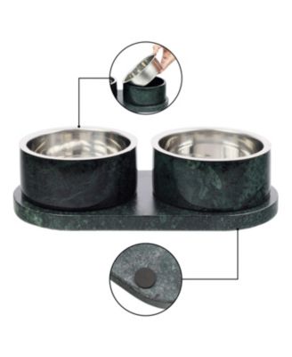 Marbre Small/Medium Modern Weighted Double Marble and Stainless Steel Bowl 12oz (1.5 Cups) Feeder with Non-Slip Marble Tray Set