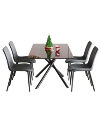 59-inch Expandable Dining Table Set with 4 Gray Chairs, Black Glass Top & X-Base