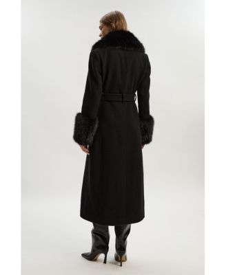 Women's Wool Detachable Fur Belted Midi Coat