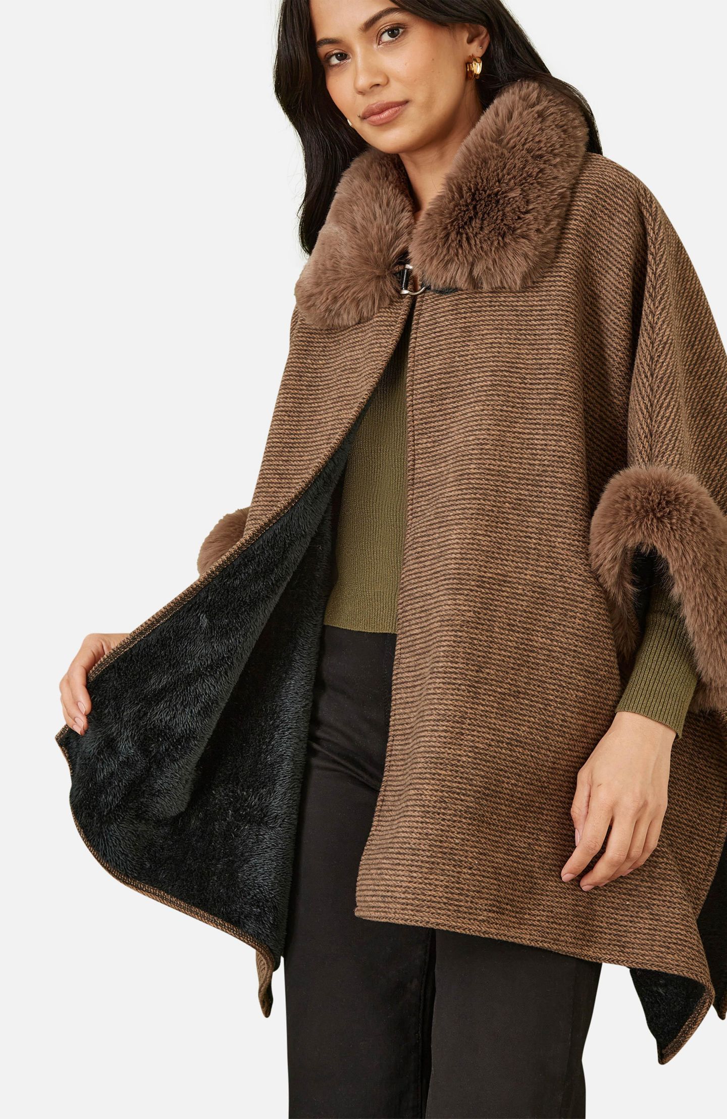 Женская куртка Yumi Luxe Fur Collared Cape, цвет: Коричневый — фото 3