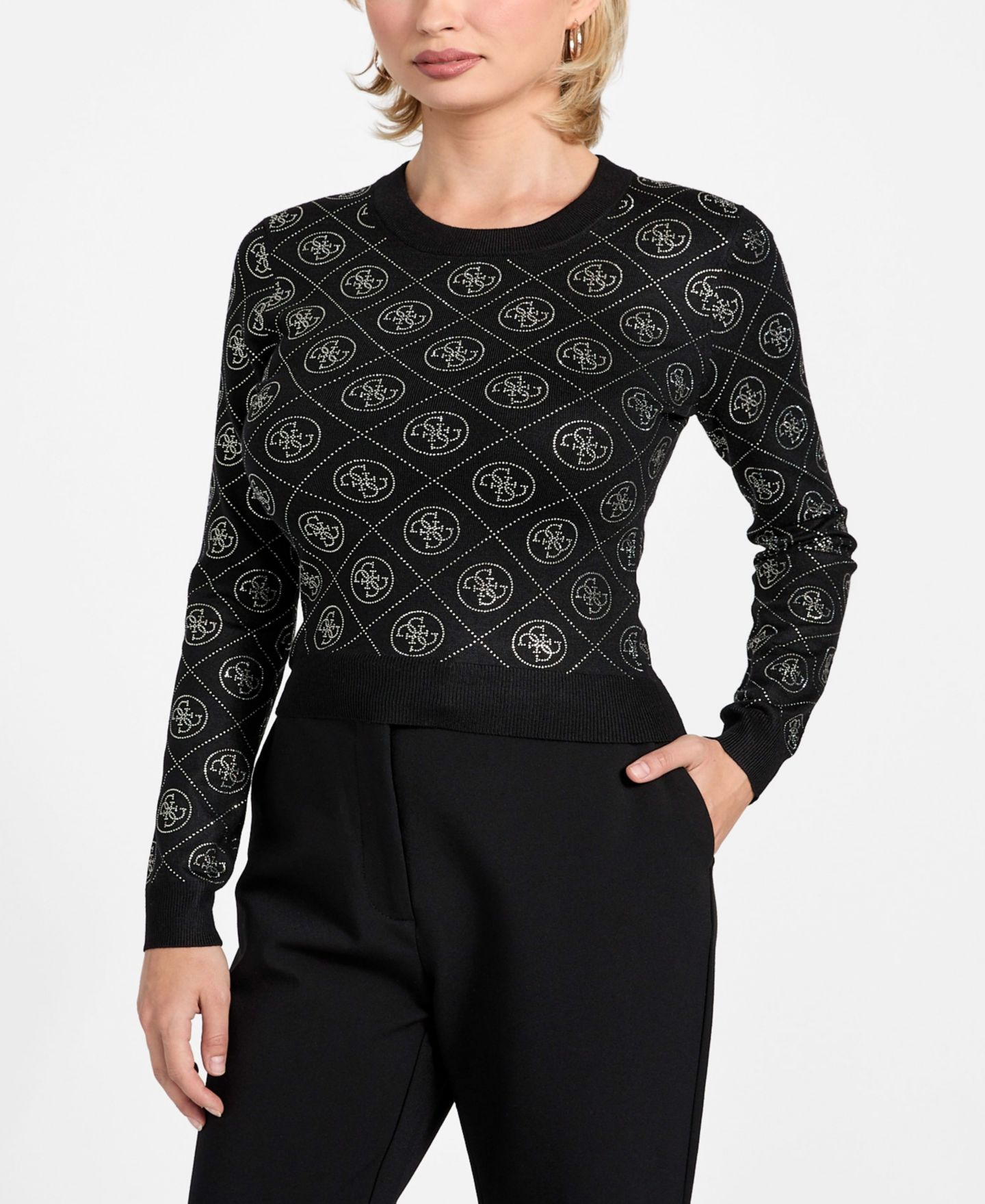 Женский свитер GUESS Long-Sleeve Crewneck Rhinestones 4G, цвет: Чёрный — фото 3