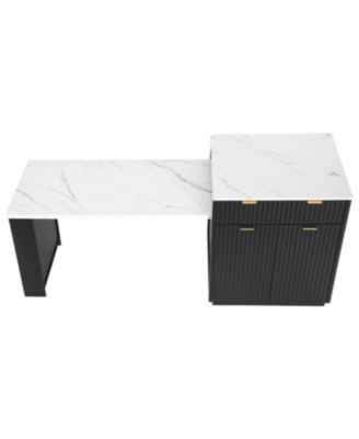 Fluted Kitchen Island with Extendable Dining Table, Power Outlet & Storage