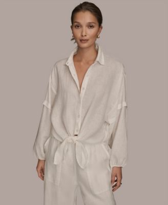 Women's Linen Long Blouson Sleeve Button Adjustable Tie Shirt