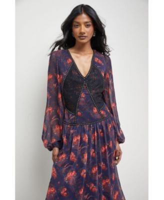 Women's Plunge Neck Pleated Maxi Dress