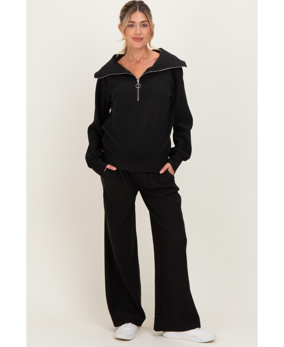 Pinkblush Maternity Ribbed Half Zip Pullover Wide Leg Pant Set
