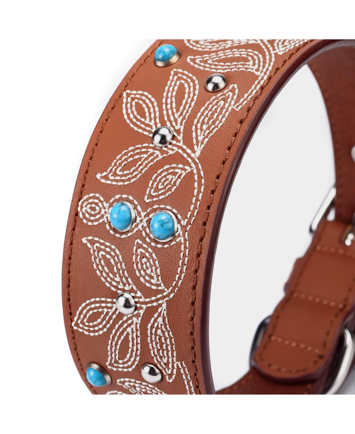 Blueberry Pet Western Style Full Grain Genuine Leather Embroidered Dog Collar with Pearl or Turquoise Studs