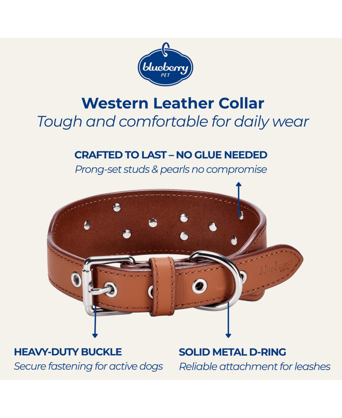 Blueberry Pet Western Style Full Grain Genuine Leather Embroidered Dog Collar with Pearl or Turquoise Studs