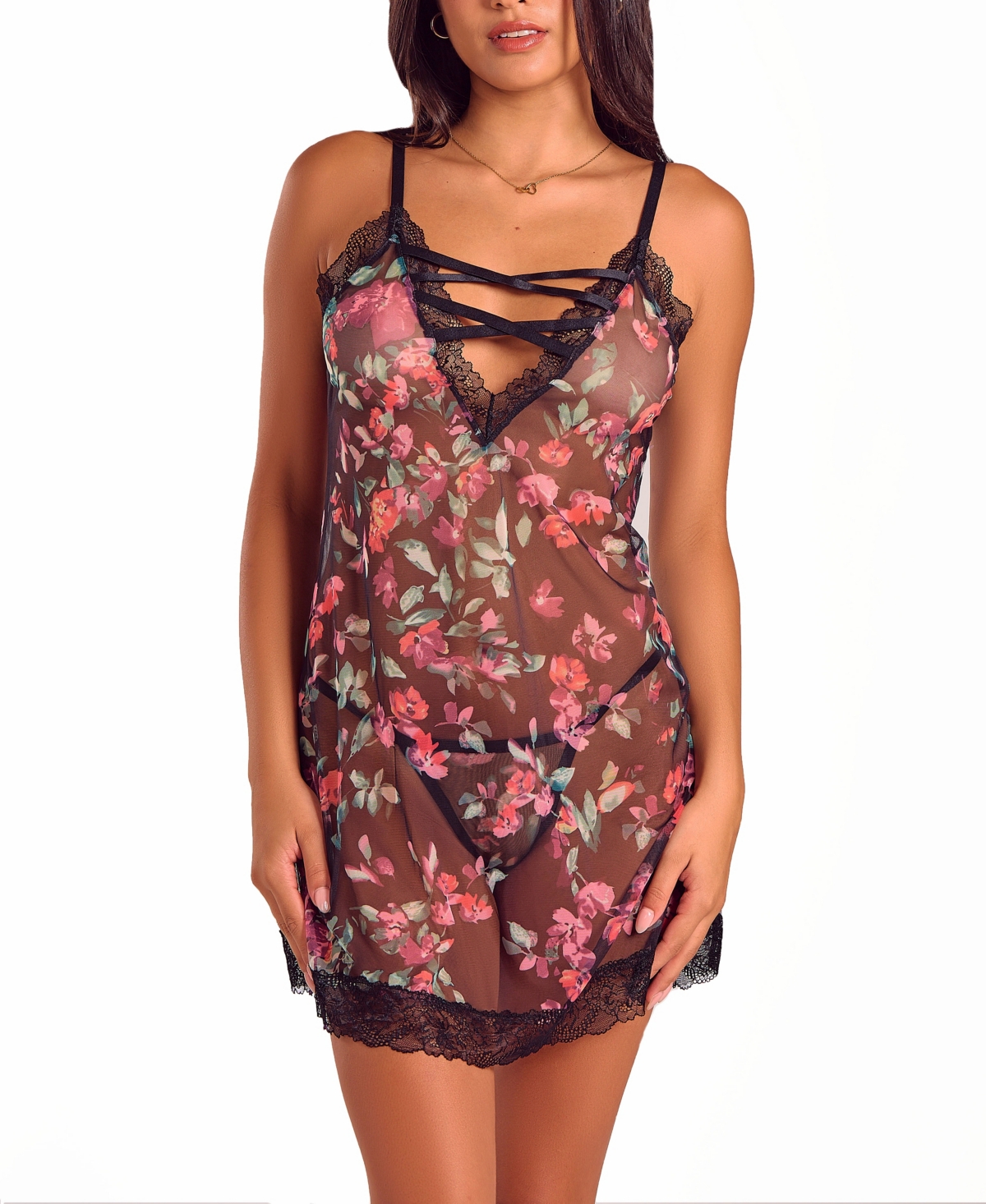 iCollection Womens Floral Lace Up Chemise Lingerie Set
