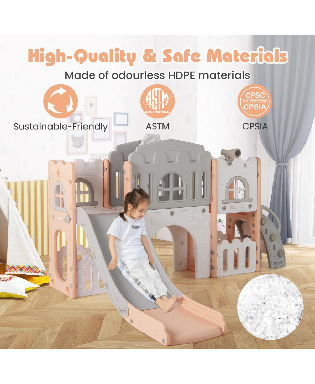 Hongge All-in-One Toddler Slide Playground with Tunnel, Ladder, and Basketball Hoop