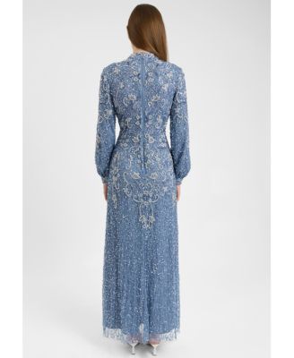 Women's Modest Embellished Sequin Beaded Dress Maxi With Cuff Sleeves