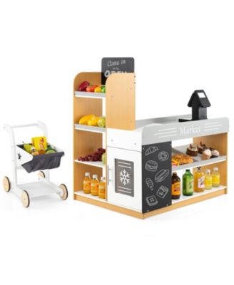 Wooden Supermarket Playset with Checkout Counter & Shopping Cart