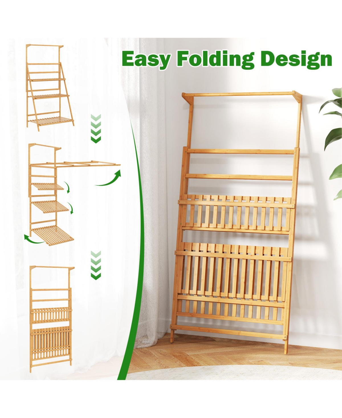 Sugift 3 Tier Bamboo Hanging Plant Stand with Height Adjustable Hanger Rod