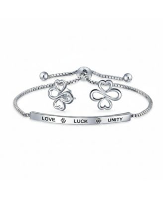 Heart Infinity Clover Love, Luck & Unity Bolo Bracelet & Stud Earrings Jewelry Set Sterling Silver Adjustable
