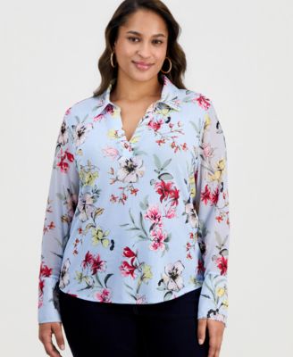 Plus Size Printed Johnny-Collar Top