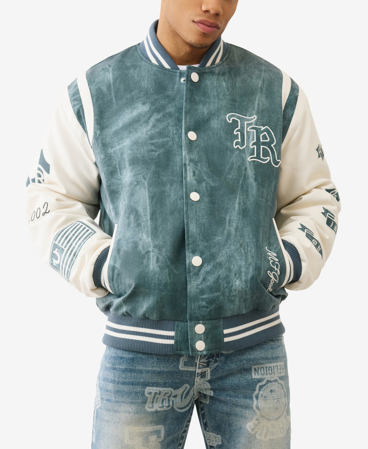 True Religion Men's Denim Print Retro Varsity Jacket