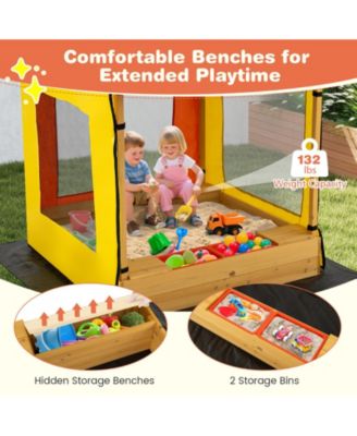Large Wooden Sandbox with Canopy, Mesh Windows, and Bottom Liner