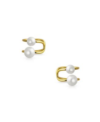 Set of 2 Dainty Ribbon Bow & Spiral Pearl Wrap Helix Cartilage Ear Cuff Earrings Gold Plated Sterling Silver