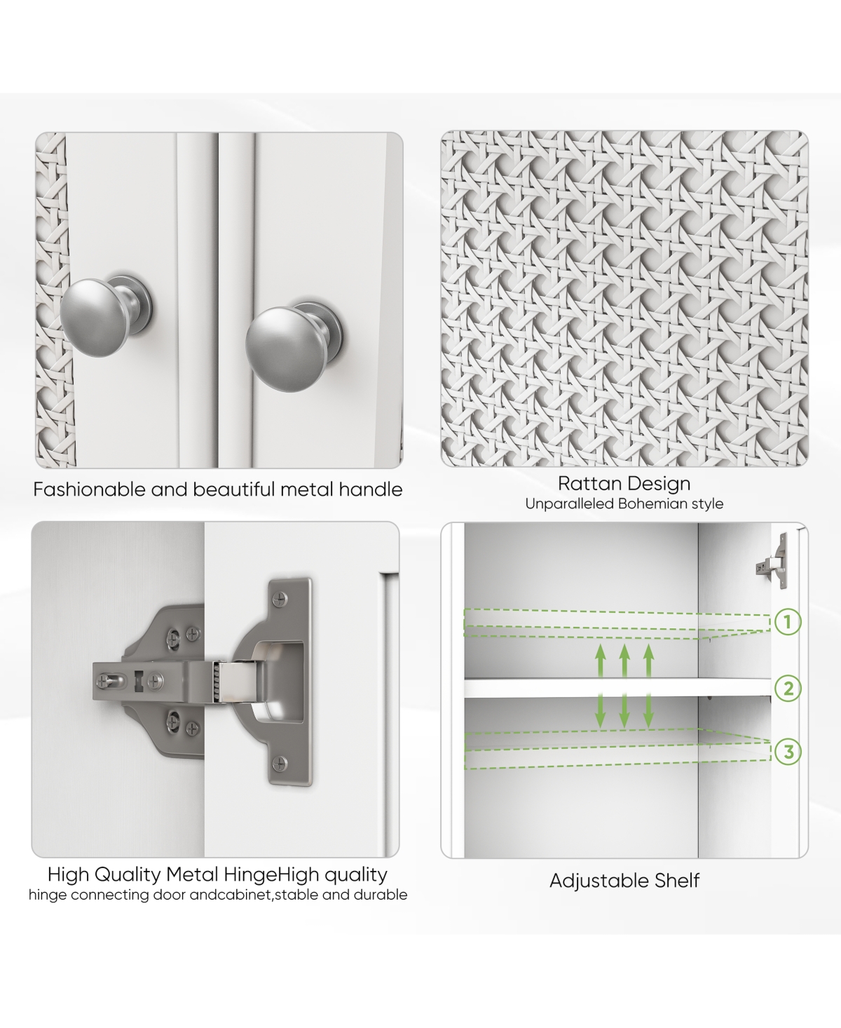 Airsurfer White Two Door Rattan Storage Cabinet with Adjustable Partition Modern Freestanding Buffet Cabinet Decorative Cabinet for Bathroom