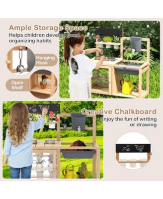 Outdoor Wooden Mud Kitchen Playset with Sink and Plant Observation Area - Natural