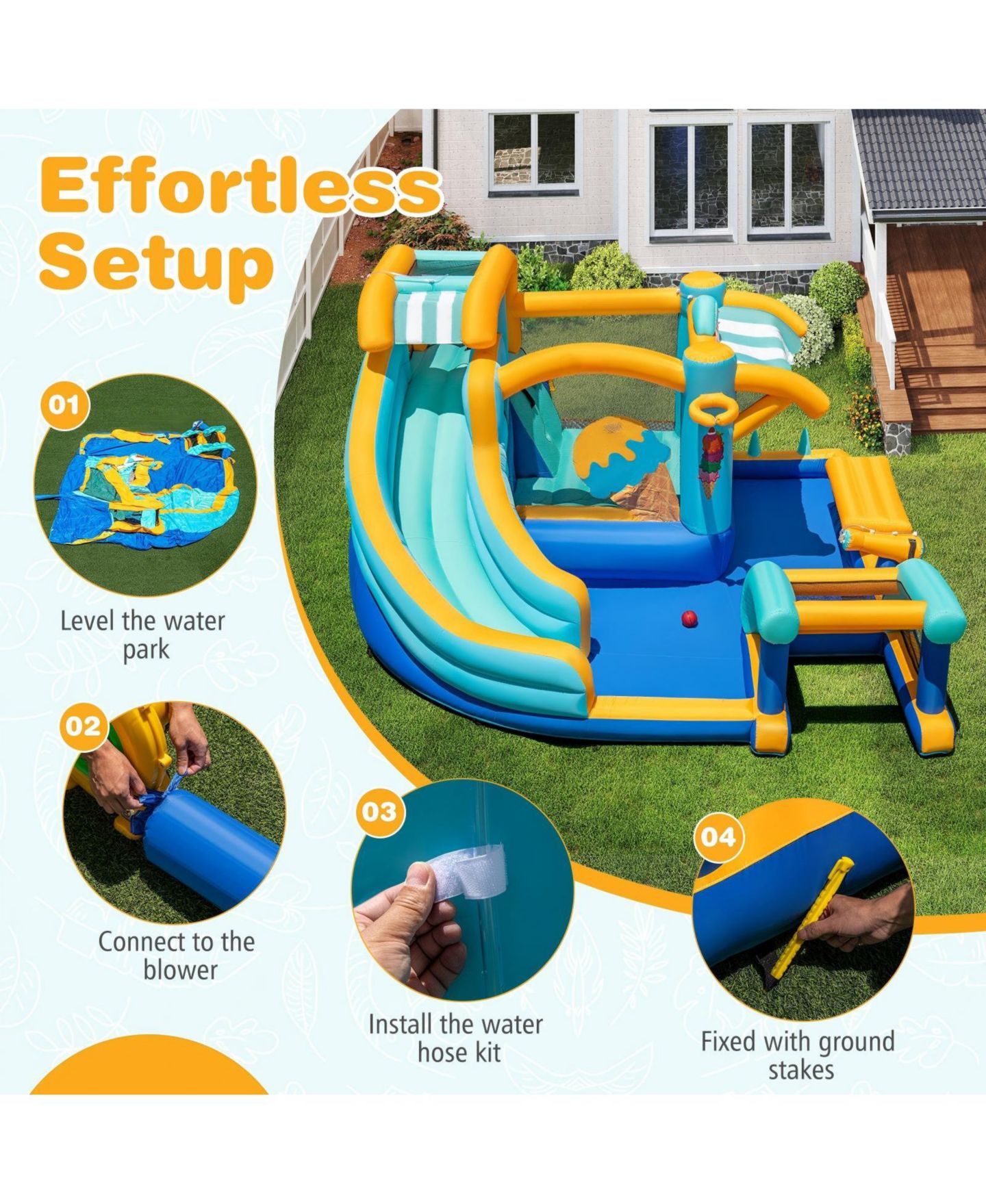 Детская игрушка HONGGE Inflatable Water Slide Bounce House with Ice Cream Theme, Splash Pool and 750W Blower, Ages 3+, цвет: Colorful — фото 11
