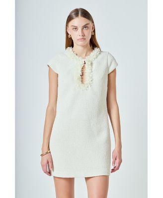 Women's Tweed Shift Dress with Floral Trim