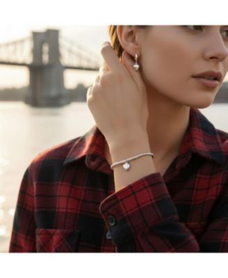 Heart Tag Charm Stretch Bracelet & Dangle Huggie Hoop Earrings Jewelry Set Sterling Silver