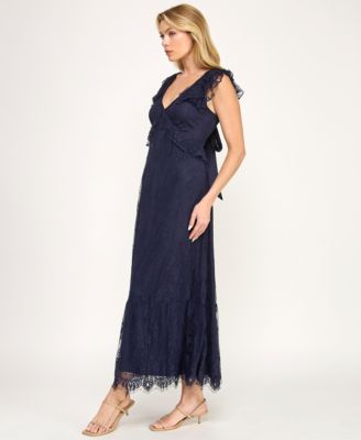 Juniors' V-Neck Ruffle Bust Lace Midi Dress