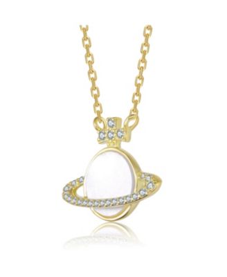 14K Gold Plated with Mother Of Pearl & Clear Cubic Zirconia Saturn-Inspired Necklce For Kids