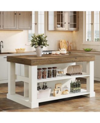 Kitchen Island with 3 Shelves, 55 Inches Width Kitchen Shelf with Large Worktop