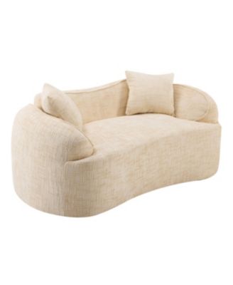 Beige curved two-person compress sofa with armrests and two pillows.