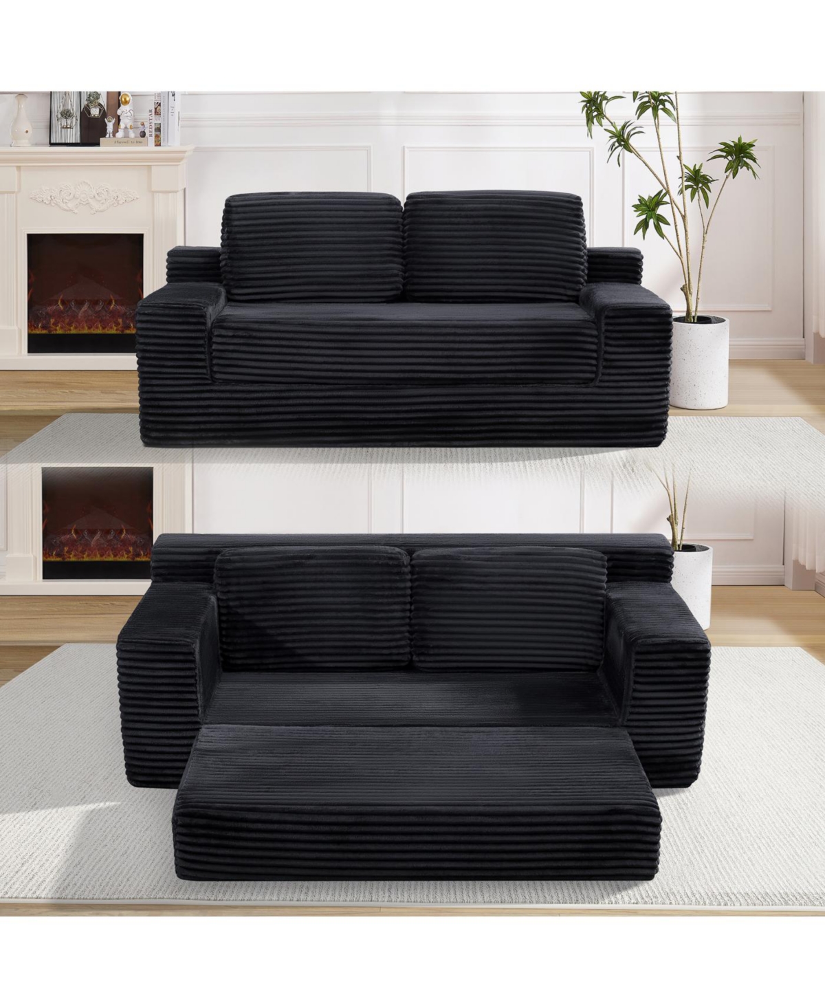 Streamdale Furniture Streamdale Corduroy Cloud Double Sofa, 2-in-1 Convertible Sofa Bed, Black