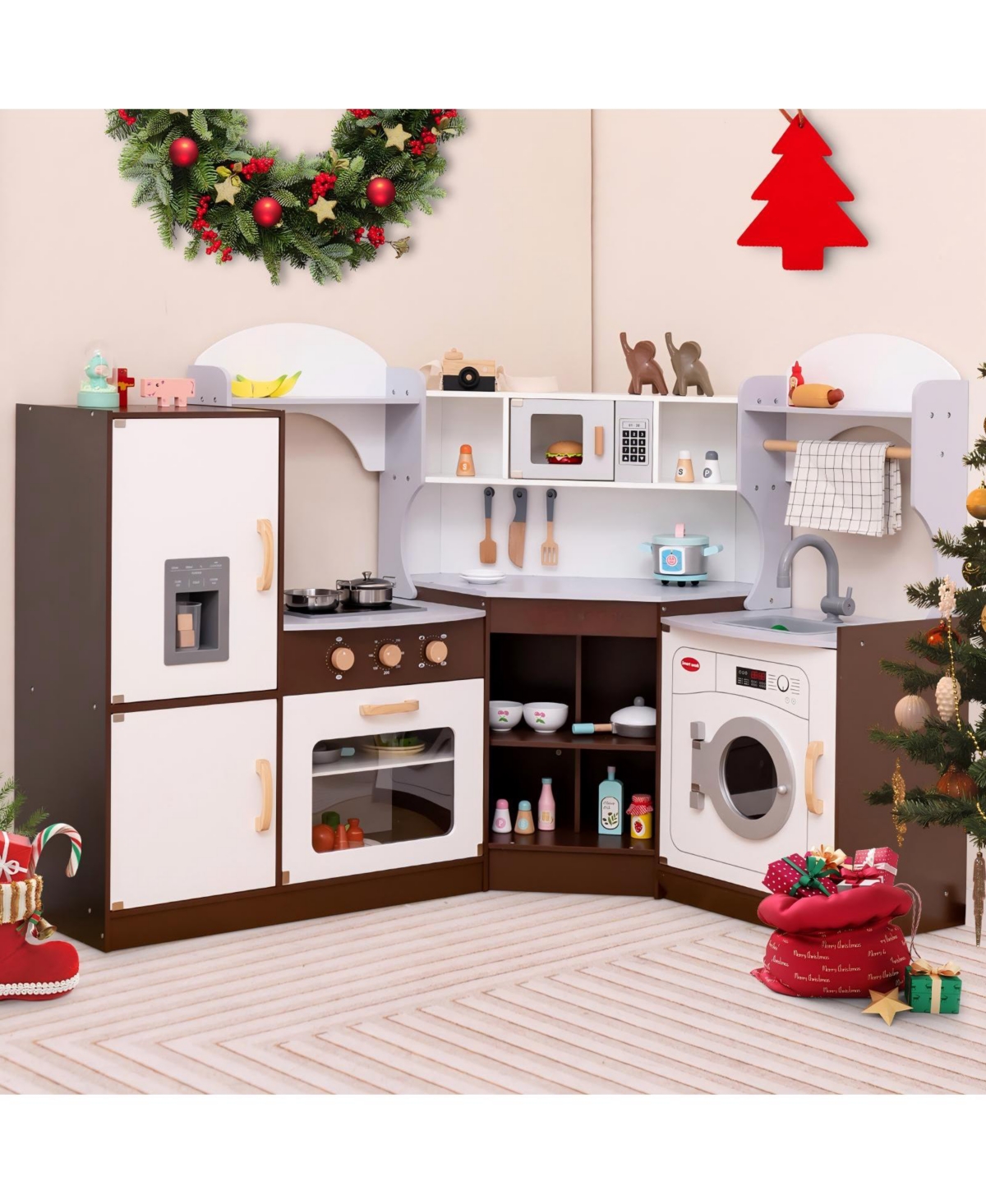 Hongge Toddler Kitchen Playset with Sink, Ice Maker, Microwave, and Washing Machine for Ages 3