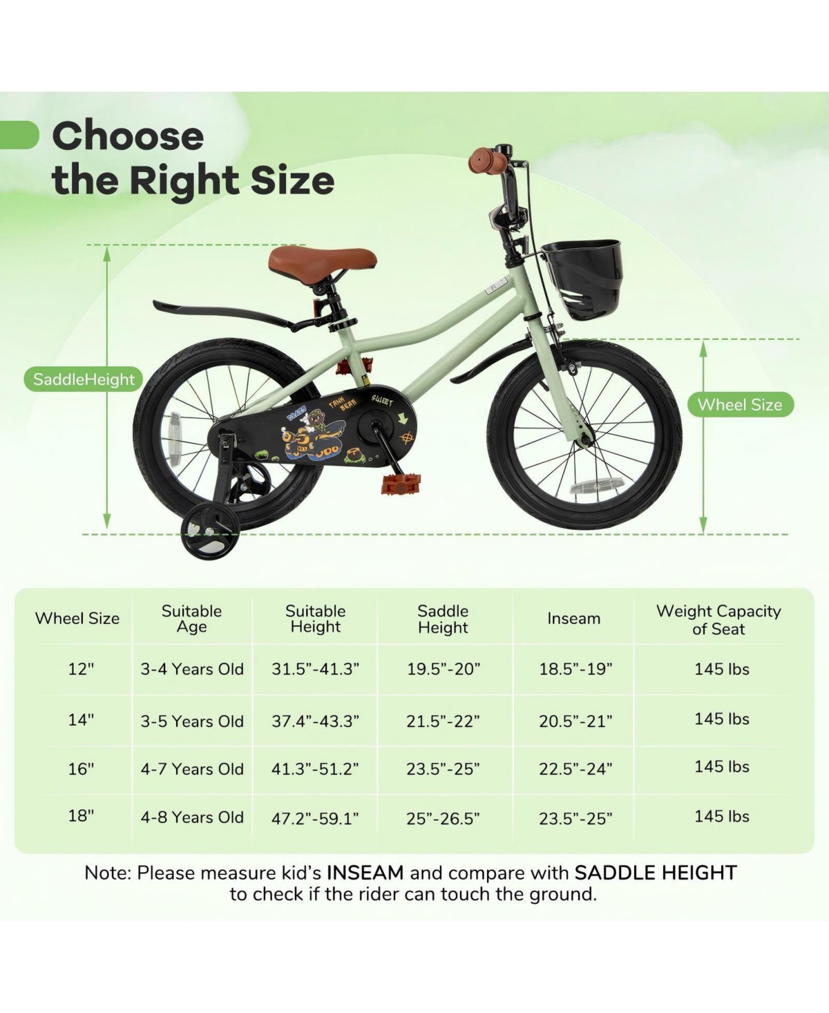 Hongge 16-Inch Kids Bike with Adjustable Seat and Training Wheels for Ages 4–7 - Green