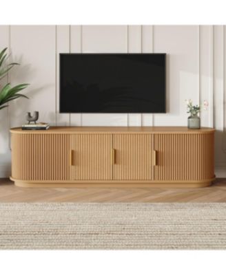 Farmhouse Black Wooden TV Stand with Sliding Tambour Door & Golden Handle