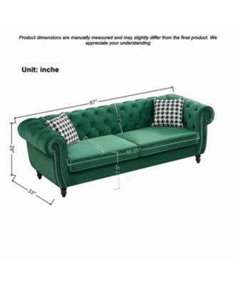 Chesterfield Velvet Sofa with Roll Armrest & Nailhead, Green
