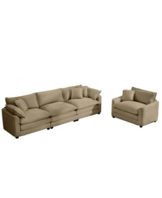 Mid-Century Modern Tan Corduroy Sectional Set with Pillows