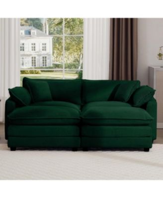 Green Corduroy Two-Seater Sofa with 2 Footrests/Ottoman
