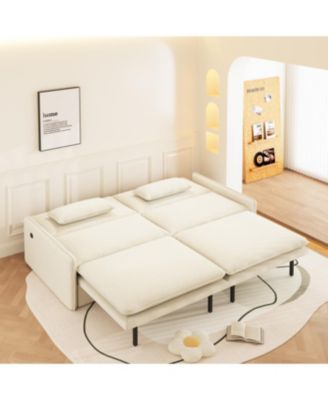 Streamdale 4-Seat Chenille Convertible Sleeper Sofa with Storage, USB & 2-in-1 Pillow - Beige/White