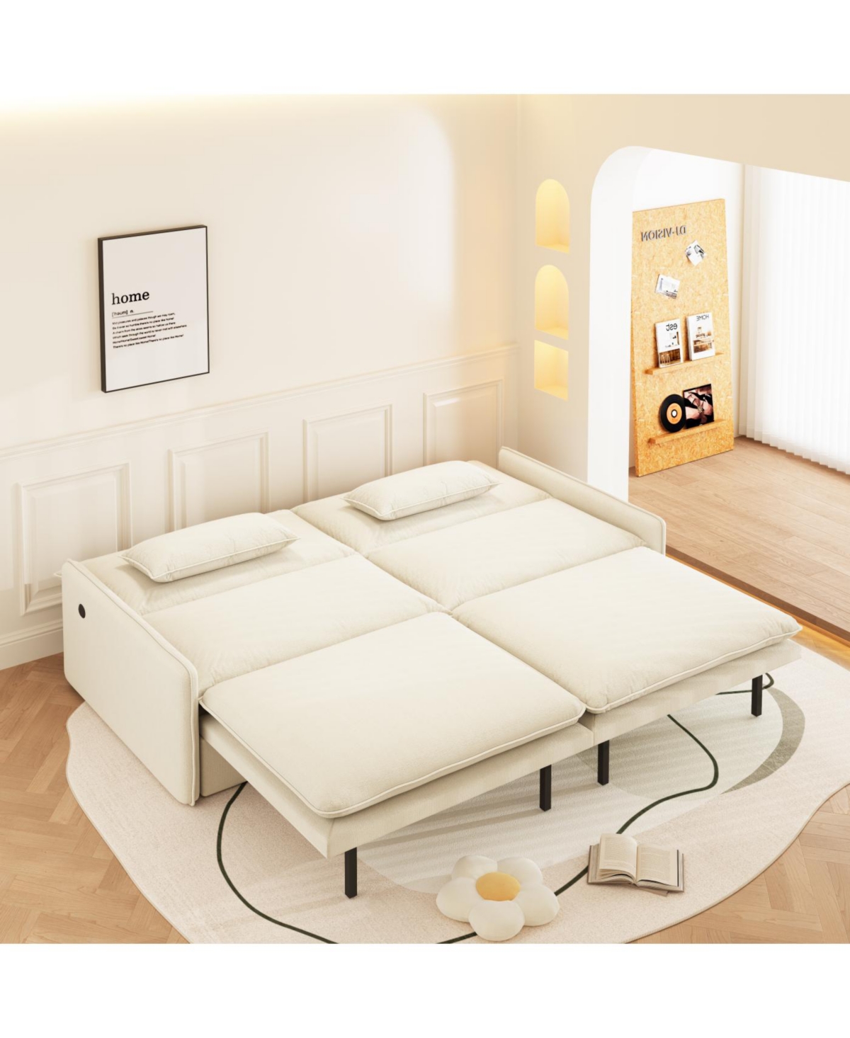 Streamdale 4-Seat Chenille Convertible Sleeper Sofa with Storage, Usb & 2-in-1 Pillow - Beige/White